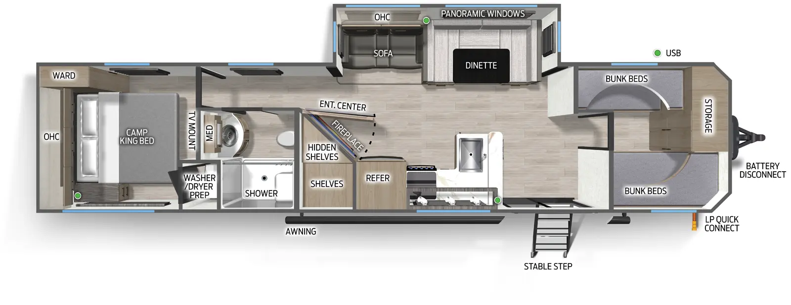 The Campsite Reserve 39GB floorplan has one entry and one slide out. Exterior features include: metal exterior. Interiors features include: bunk beds and rear bedroom.